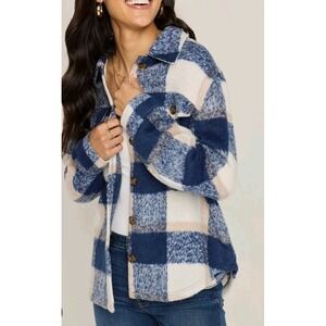 miami francescas Shacket Plaid Thick Button Down Blue White Sz S